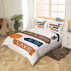 Castle Fairy Lake Themed Bedding Set King Size for Woman Men,Life is Better at The Lake Comforter Cover with 2 Pillowcases,Lake Fishing Country Wooden Board Duvet Cover Set Microfiber Quilt Cover