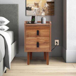 Narrow Nightstand with Drawers and Charging Station - 12" W×15" D×20" H Narrow Wood Nightstand with Drawers, Mid Century Modern Slim Side Table, Narrow Nightstand for Small Spaces, Dark Walnut