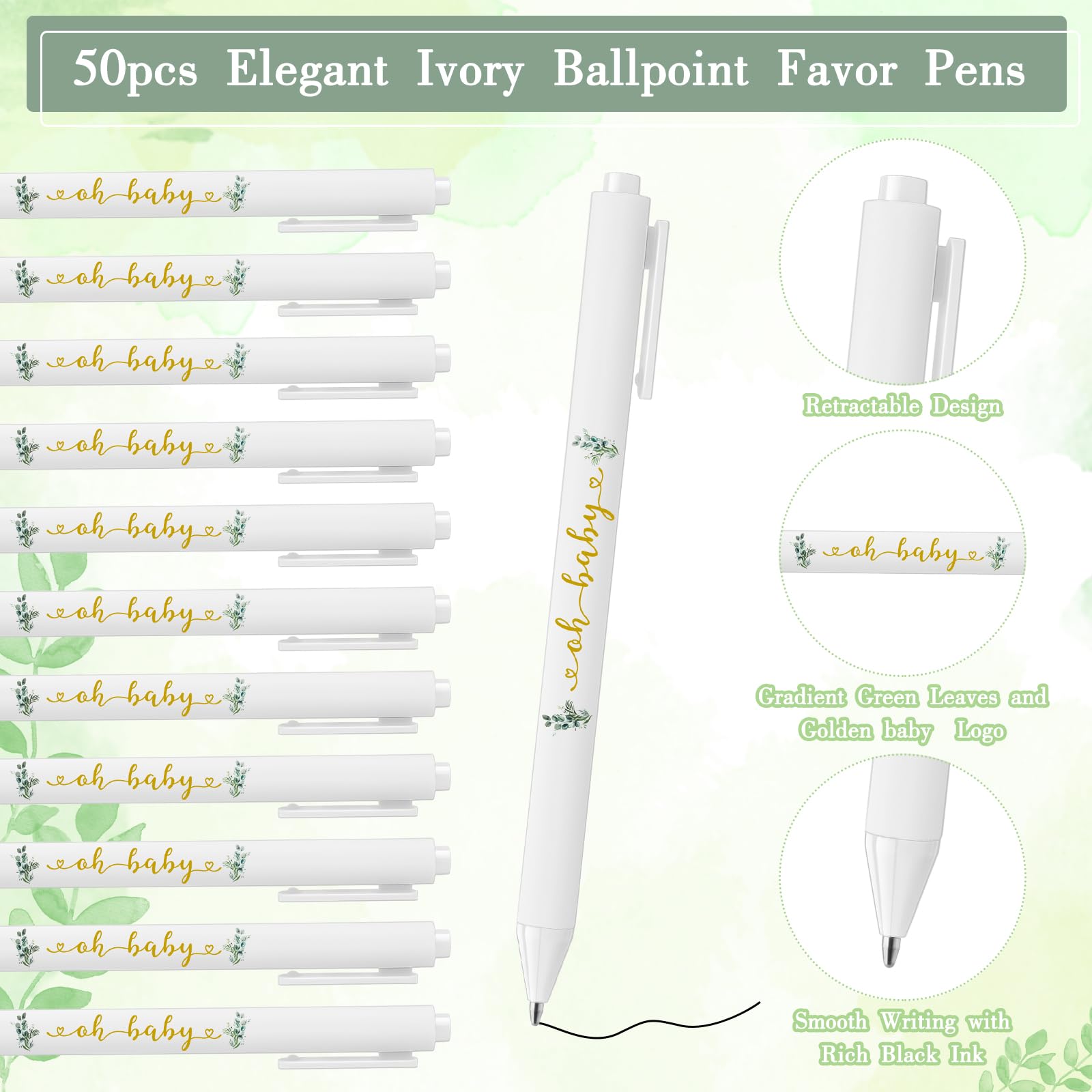 Tenceur 50 Set Baby Shower Pens Greenery Baby Shower Favor for Guest Sage Ballpoint Pens with Woodland Thank You Cards Gender Reveal Party Favor for Girl Boy Baby Shower Party Souvenirs Prizes