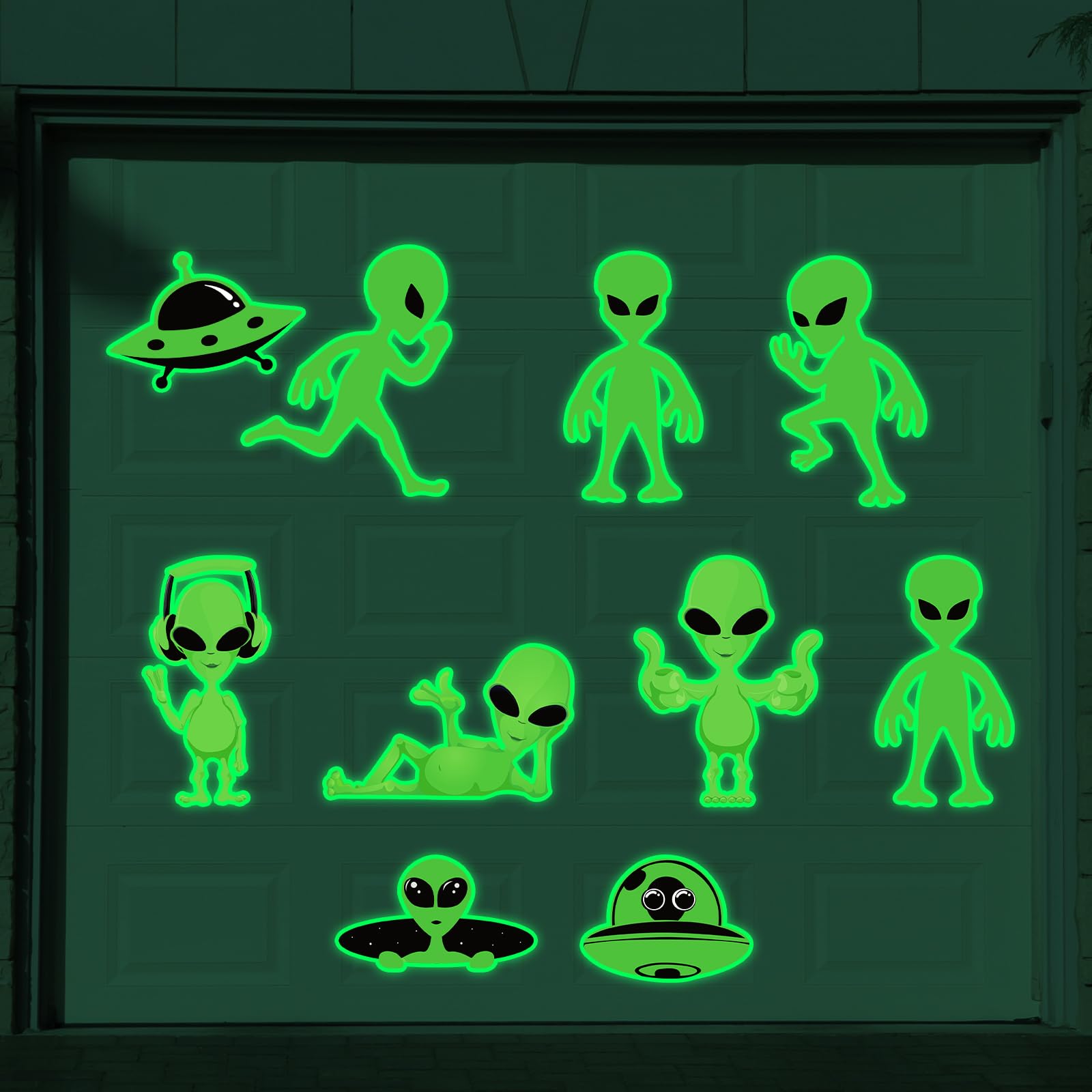 Xuhal 10 Pieces Halloween Garage Door Decorations Glow in The Dark Alien UFO Garage Magnetic Stickers Luminous Garage Door Magnets Waterproof Magnet Fridge Car Magnets Decal Alien Party Supplies