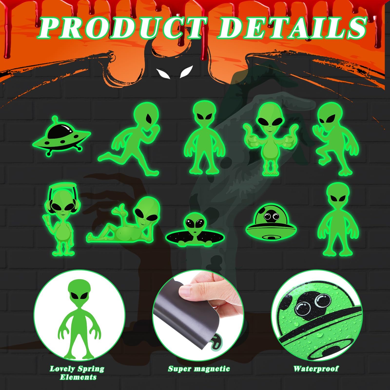 Xuhal 10 Pieces Halloween Garage Door Decorations Glow in The Dark Alien UFO Garage Magnetic Stickers Luminous Garage Door Magnets Waterproof Magnet Fridge Car Magnets Decal Alien Party Supplies