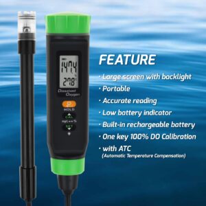 Dissolved Oxygen Meter with ATC Portable DO Meter with Long Cable, Dissolved Oxygen Test Kit Tester with Self Floating Probe Electrode