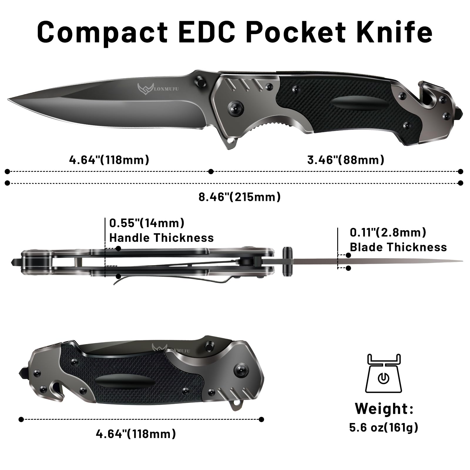 Lonmuju Pocket Knives for Men,Camping Knife with Glass Breaker & Seatbelt Cutter - G10 Handle,Ideal for Camping,BBQ,and Tactical Use