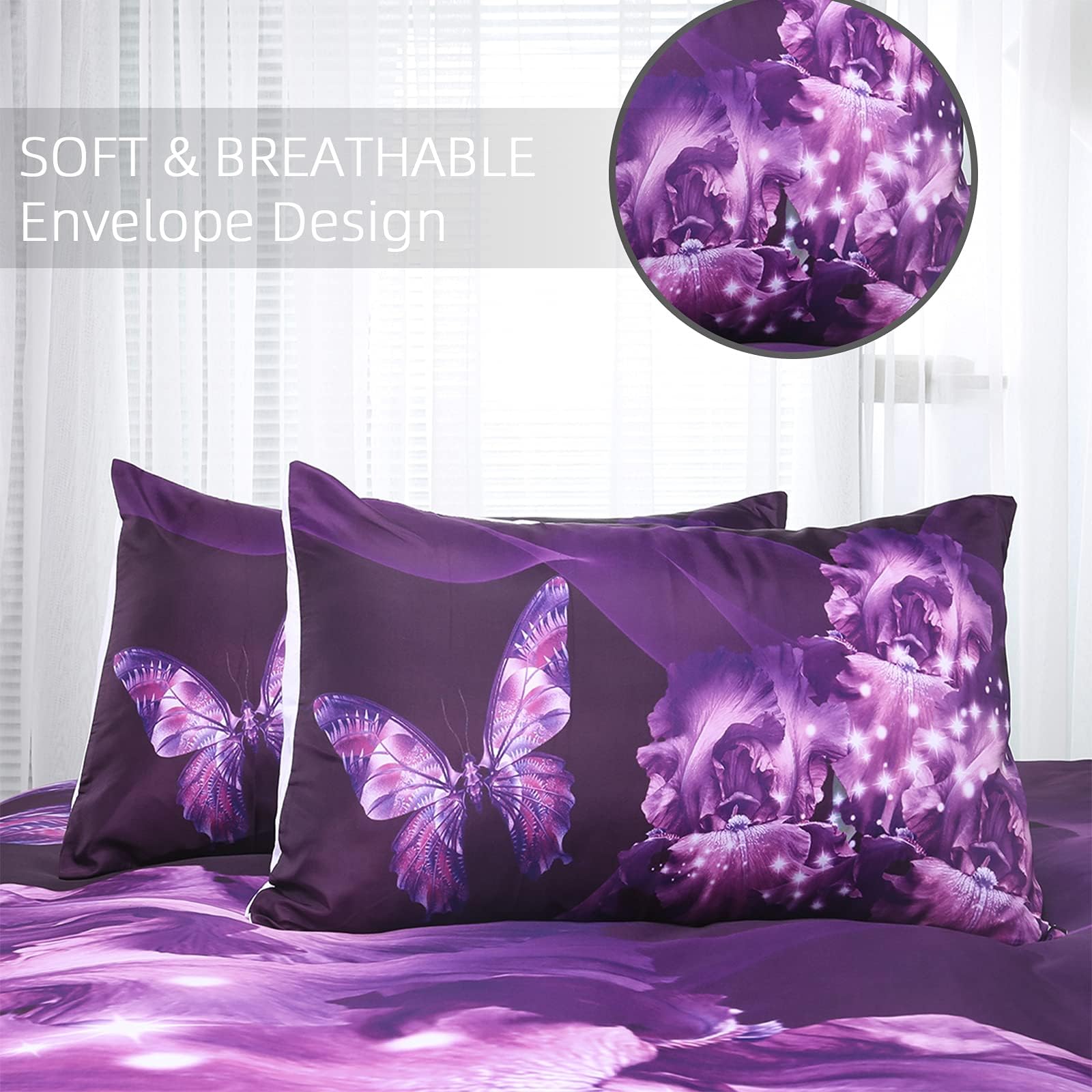 BEDROOMDECRO Purple Bedding Duvet Cover with Zipper Closure 3D Galaxy Purple Butterfly Floral Printed Bedding Soft Microfiber Comforter Cover, King (104"x90")- 3 Pieces (1 Duvet Cover +2 Pillowcases)