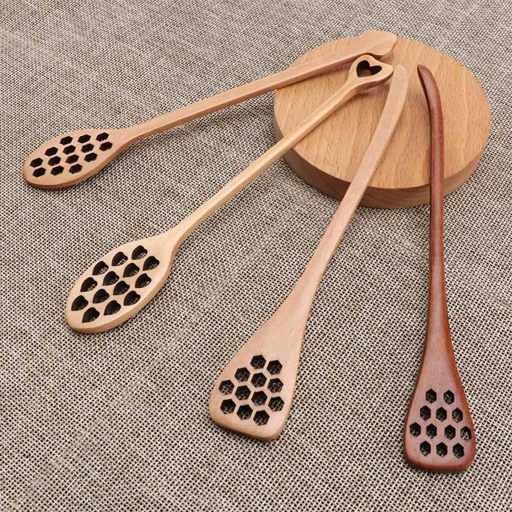 Honey Dipper 4Pcs Honeycomb Heart Pattern Honey Dippers Wooden Long Handle Honey Dipper Stirrer Server Mixing Stick Spoon Home Kitchen Supplies