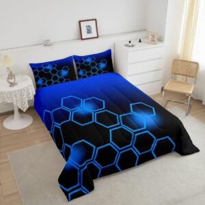 Feelyou Blue and Black Bedding Set Twin Size Honeycomb Comforter Set for Kids Boys Girls Decor Geometrical Comforter Beehive Pattern Blue Theme Duvet Set Bedroom Quilt Set