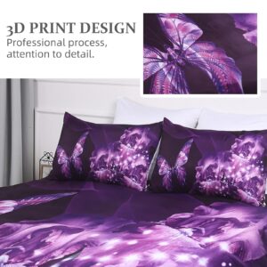 BEDROOMDECRO Purple Bedding Duvet Cover with Zipper Closure 3D Galaxy Purple Butterfly Floral Printed Bedding Soft Microfiber Comforter Cover, King (104"x90")- 3 Pieces (1 Duvet Cover +2 Pillowcases)