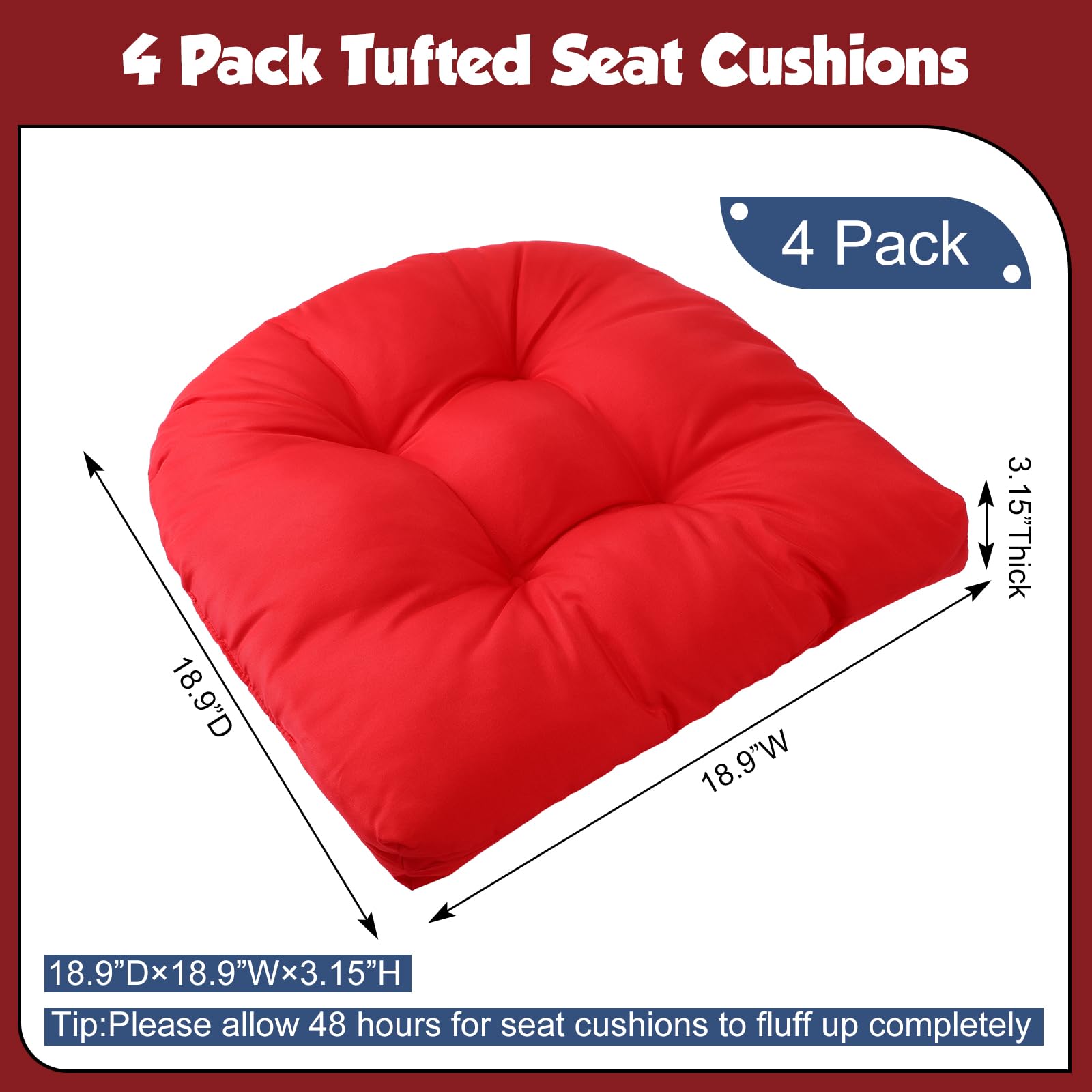 Barydat 4 Pcs Outdoor Chair Cushions 18.9 x 18.9 Inch Patio Furniture Cushion Overstuffed Seat Cushion Chair Pad with Round Corner for Indoor Chair(Red)