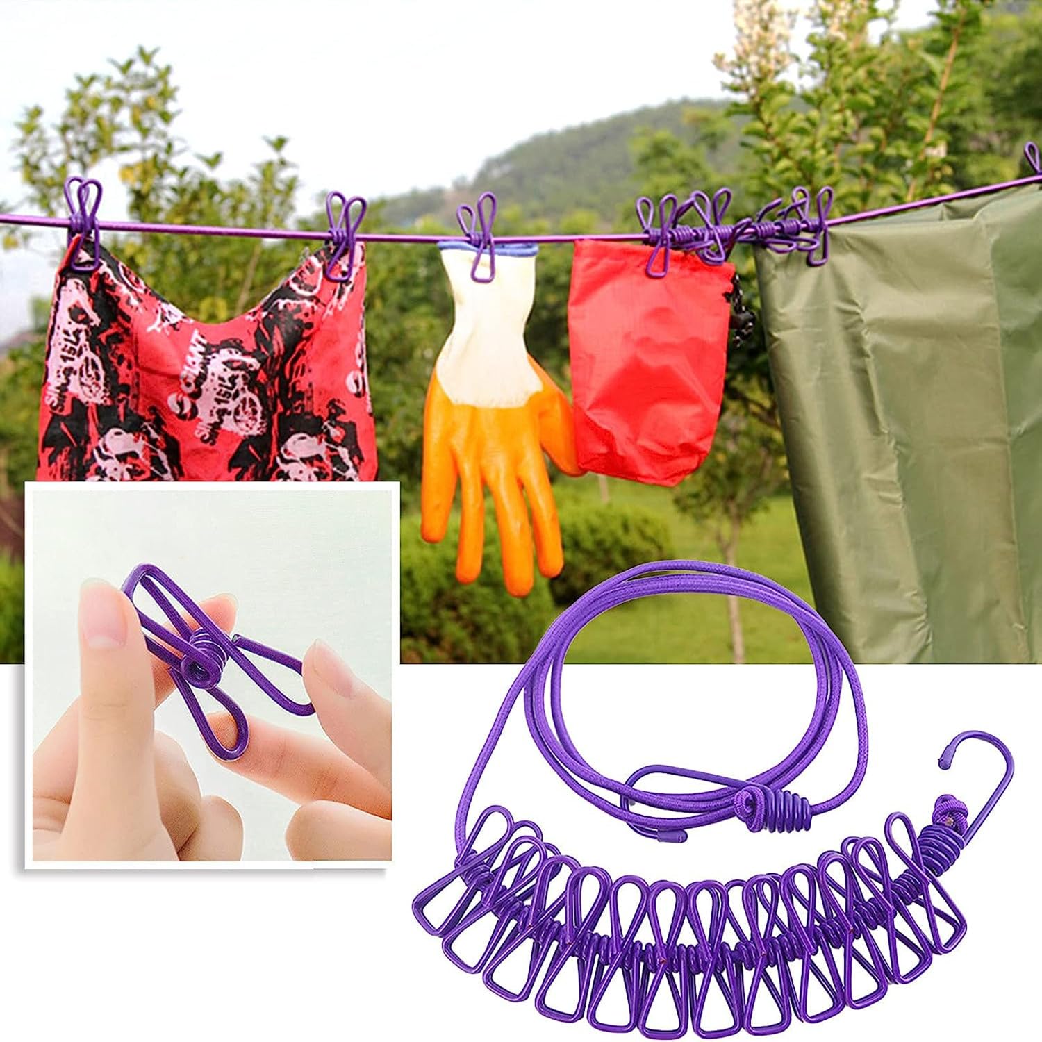 ALINNA Retractable Portable Clothesline, Travel Clothesline with 12 Clothespins for Indoor Laundry Drying, Outdoor Camping Accessories (Purple)