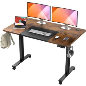 mountup 55x28 inches electric height adjustable standing desk, sit stand desk with memory controller, ergonomic stand up desk for home office with splice board, rustic brown+black