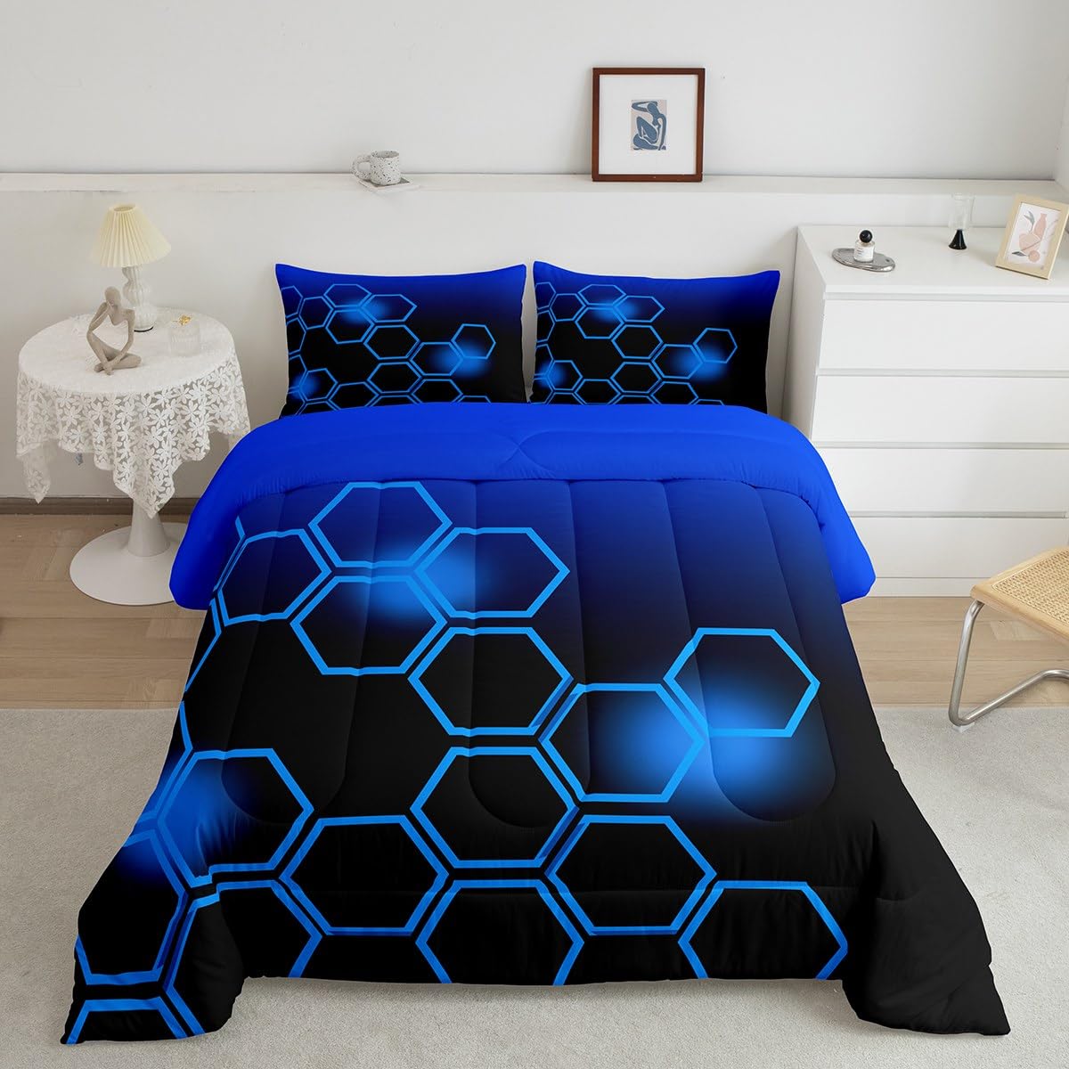 Feelyou Blue and Black Bedding Set Twin Size Honeycomb Comforter Set for Kids Boys Girls Decor Geometrical Comforter Beehive Pattern Blue Theme Duvet Set Bedroom Quilt Set