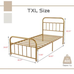 AUFANK Twin XL Metal Platform Bed Frame with Vintage Headboard Footboard Extra Strong Support No Box Spring Needed Noise Free Easy Assembly Gold