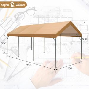 Sophia & William Carport, Heavy Duty 10'x20' Car Canopy Tent,Portable Garage Shelter with 4 Reinforced Steel Cables, Galvanized Steel Frame 150G UV Protective Tarp for Car Boat Truck Party, Beige