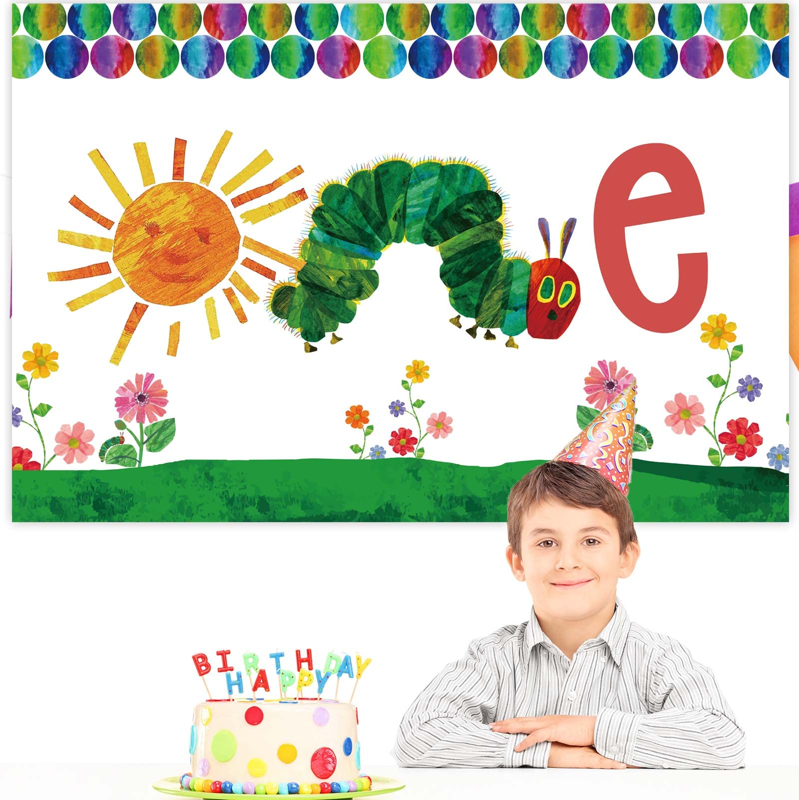 Cartoon Very Hungry Little Green Caterpillar Happy Birthday Banner Backdrop Photo Studio Booth Props Insects Theme Decor for Baby Shower 1st Birthday Party Background Supplies Favors Decorations