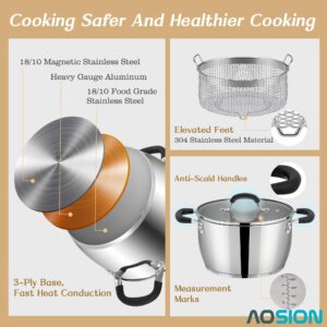 AOSION 6 Quart Stainless Steel Stockpot with Deep Fryer Basket, Stainless Steel Pot with Lid, 6QT Large Stock Pot, Induction Ready, Compatible with All Stoves, Dishwasher Safe