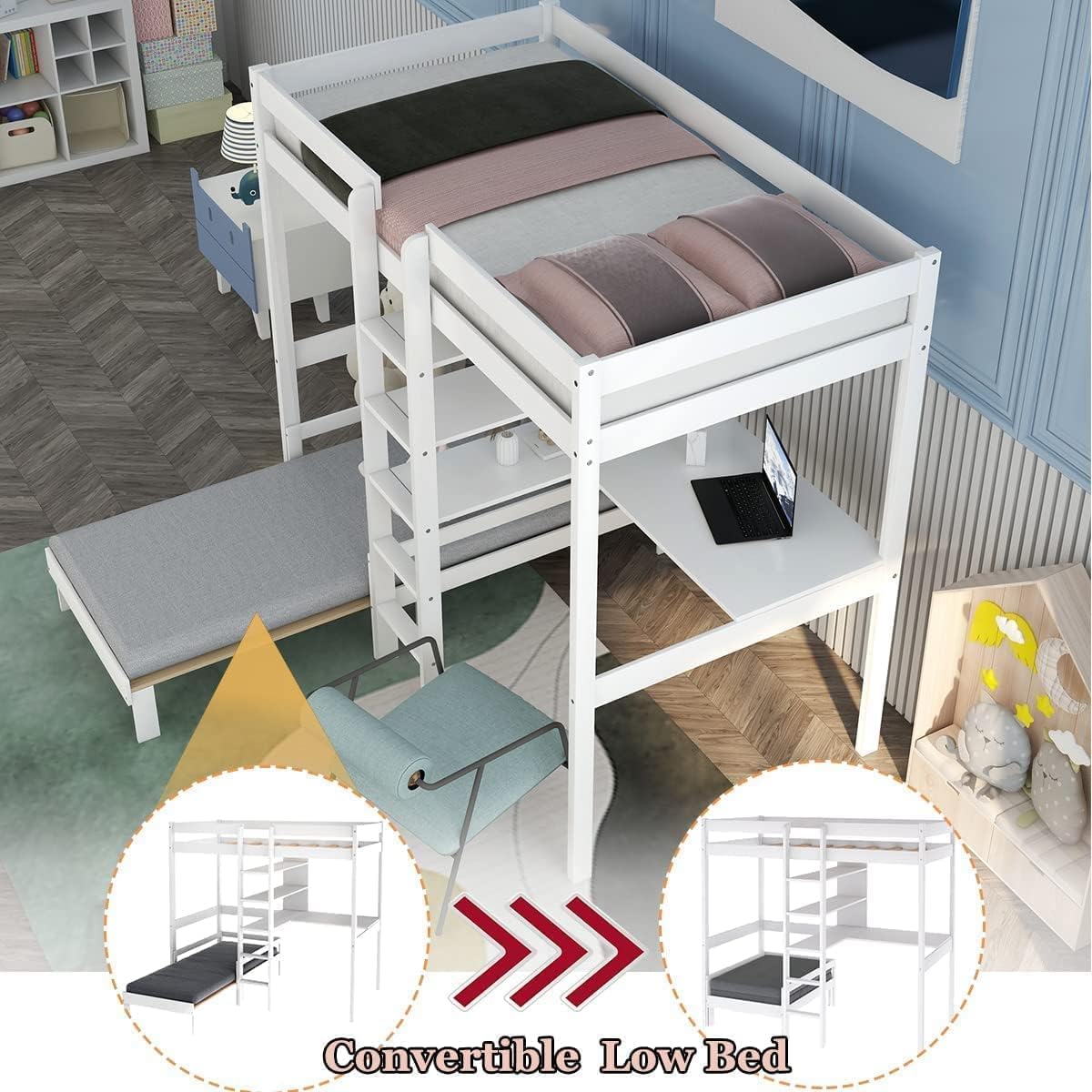 MERITLINE Twin Loft Bed with Desk,Wooden Twin Bunk Bed with Desk and Bookshelf,Convertible Loft Bed for Kids Girls Boys Teens Bedroom, No Box Spring Needed, White