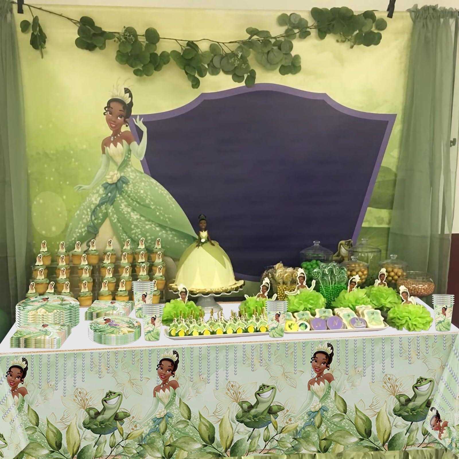 81 PCS Tiana Birthday Party Supplies, Princess Tiana Tableware Set Includes 40 PCS Plates, 20 PCS Napkins, 20 PCS Paper Cups, 1 PCS Tablecover for Boys Girls Birthday Party Baby Shower Decorations