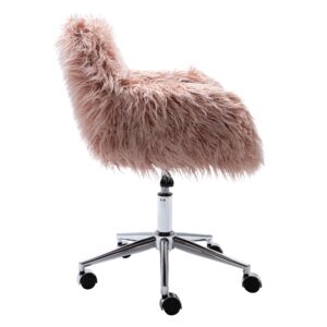 GOOLON Fluffy Desk Chair, Faux Fur Furry Home Office Chair, Fuzzy Swivel Armchair with Wheels, Height Adjustable Silver Base for Girls, Bedroom, Pink