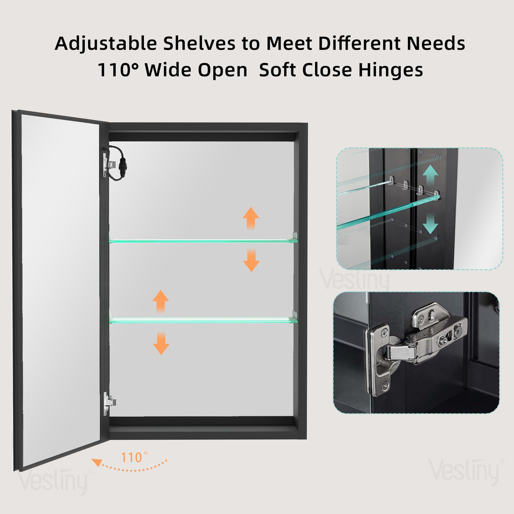 VESLINY Lighted Medicine Cabinet 20" X30"Anti-Fog 3 Color Lights Black LED Medicine Cabinet Mirror for Bathroom Dimmable Brightness Waterproof Aluminum Surface Mounted Medicine Cabinet with Mirror