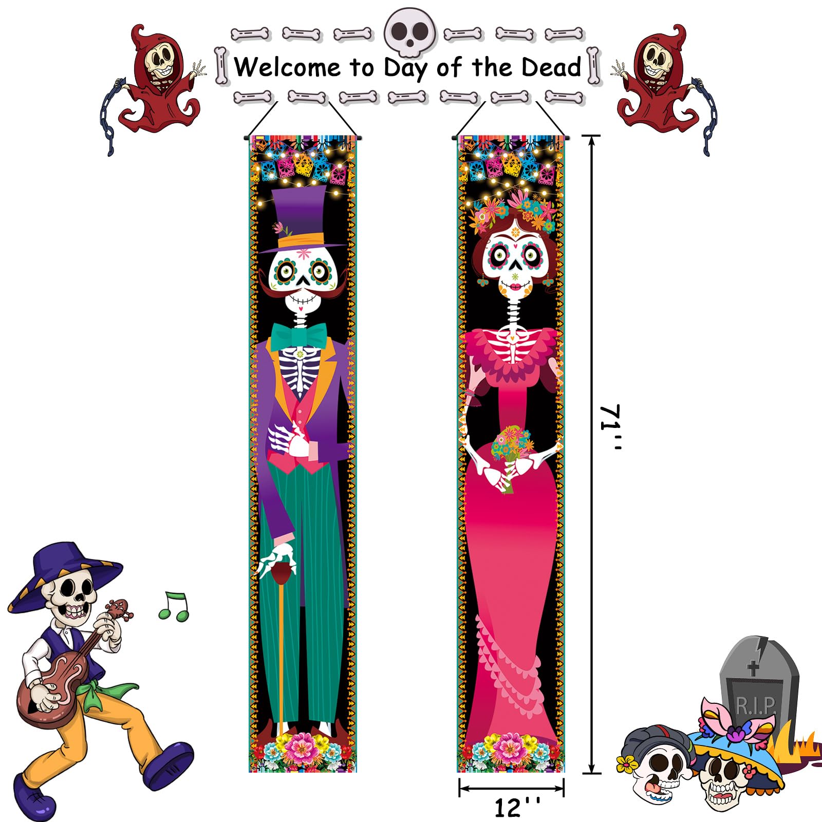 iPartycool Day of The Dead Decorations, Day of The Dead Porch Sign Door Banner, Halloween Costume Mexico Dia De Los Muertos Party Supplies Decorations Flag Welcome Hanging Home Wall Decor Background