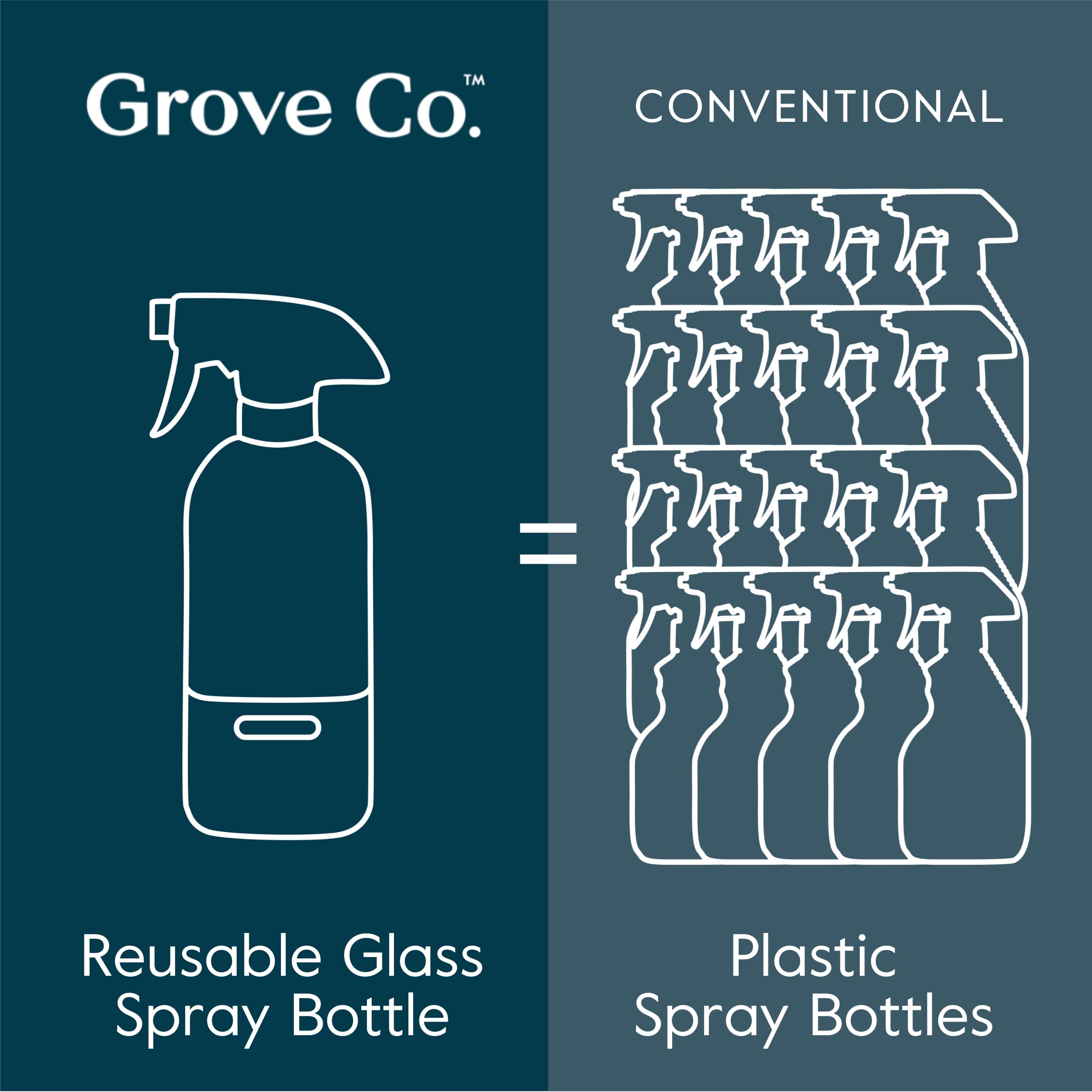 Grove Co. Glass Spray Bottles for Cleaning Solutions, 2-Pack Bundle, Unique Silicon Sleeve Slide & Snap Custom Label, Refillable Spray Bottle, Made from Recycled Glass, 2 x 16oz