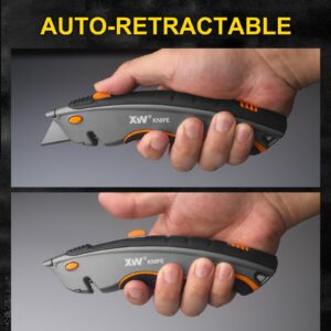 XW Dual-system Safety Utility Knife with Auto-retractable & 3-position Retractable, 2-in-1 Heavy Duty Box Cutter with Total 5 Blades