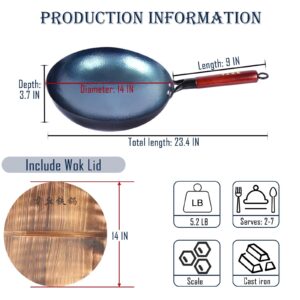 TKRADISH 14 Inch Chinese Hand Hammered Iron Wok and Stir Fry Pans with Wooden Handle and Lid Round Bottom Wok Pan Non-stick No Coating Ideal for Home Use and Gift Giving