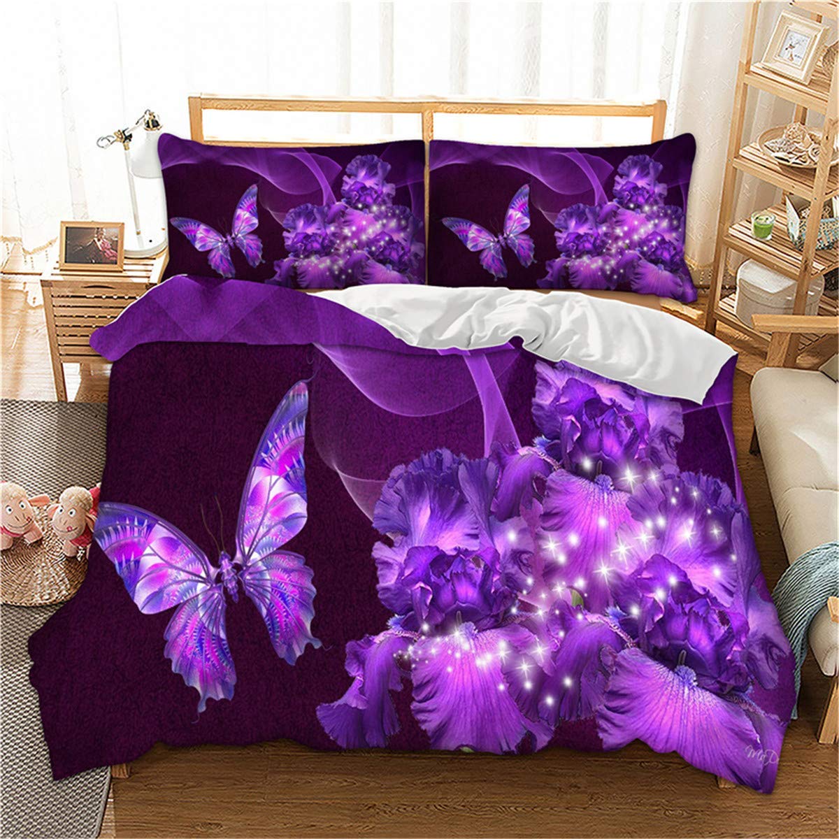 BEDROOMDECRO Purple Bedding Duvet Cover with Zipper Closure 3D Galaxy Purple Butterfly Floral Printed Bedding Soft Microfiber Comforter Cover, King (104"x90")- 3 Pieces (1 Duvet Cover +2 Pillowcases)