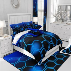 Feelyou Blue and Black Bedding Set Twin Size Honeycomb Comforter Set for Kids Boys Girls Decor Geometrical Comforter Beehive Pattern Blue Theme Duvet Set Bedroom Quilt Set