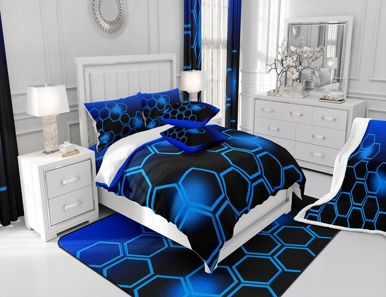 Feelyou Blue and Black Bedding Set Twin Size Honeycomb Comforter Set for Kids Boys Girls Decor Geometrical Comforter Beehive Pattern Blue Theme Duvet Set Bedroom Quilt Set