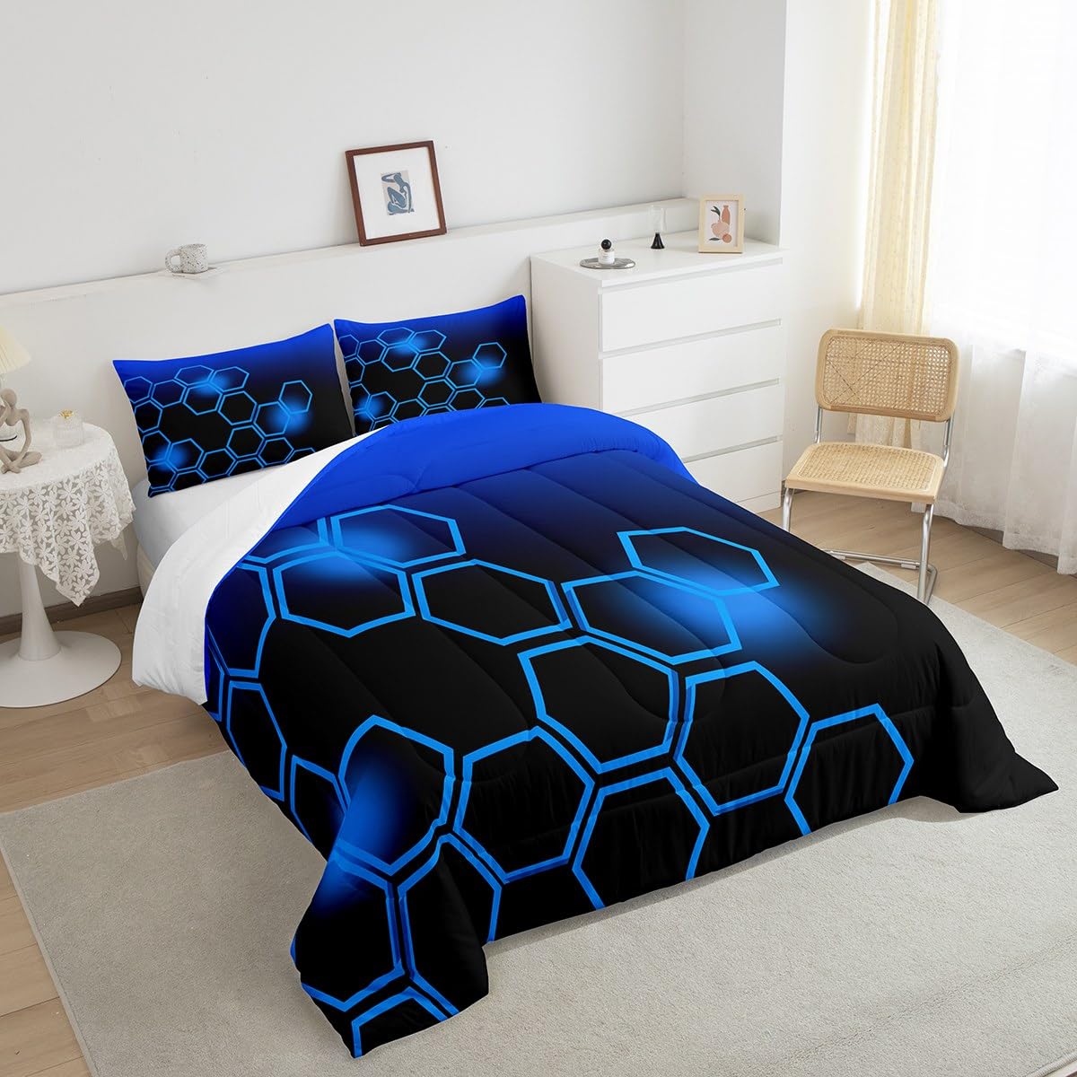 Feelyou Blue and Black Bedding Set Twin Size Honeycomb Comforter Set for Kids Boys Girls Decor Geometrical Comforter Beehive Pattern Blue Theme Duvet Set Bedroom Quilt Set