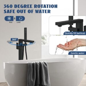 FAHKNS Matte Black Freestanding Bathtub Faucet Bathtub Filler Floor Standing Bathtub Faucet Single Handle Brass Faucet High Flow Shower Faucet with Hand Shower, Rust-proof Surface