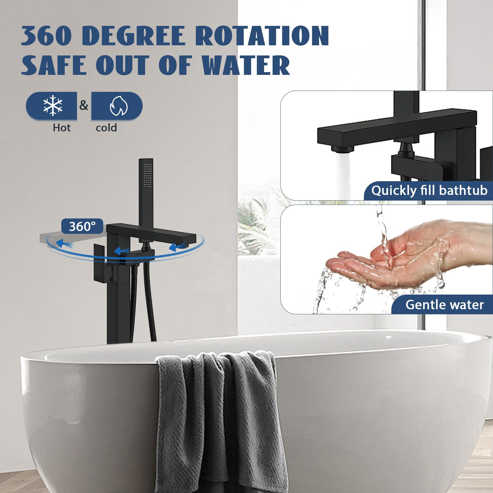 FAHKNS Matte Black Freestanding Bathtub Faucet Bathtub Filler Floor Standing Bathtub Faucet Single Handle Brass Faucet High Flow Shower Faucet with Hand Shower, Rust-proof Surface