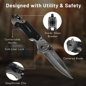 Lonmuju Pocket Knives for Men,Camping Knife with Glass Breaker & Seatbelt Cutter - G10 Handle,Ideal for Camping,BBQ,and Tactical Use