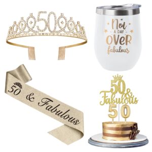 juesly 50th birthday gifts women including 12oz tumbler/mug for wine or coffee, 50th birthday decorations women crown, sash, cake topper and candles, 50 year old birthday gifts idea