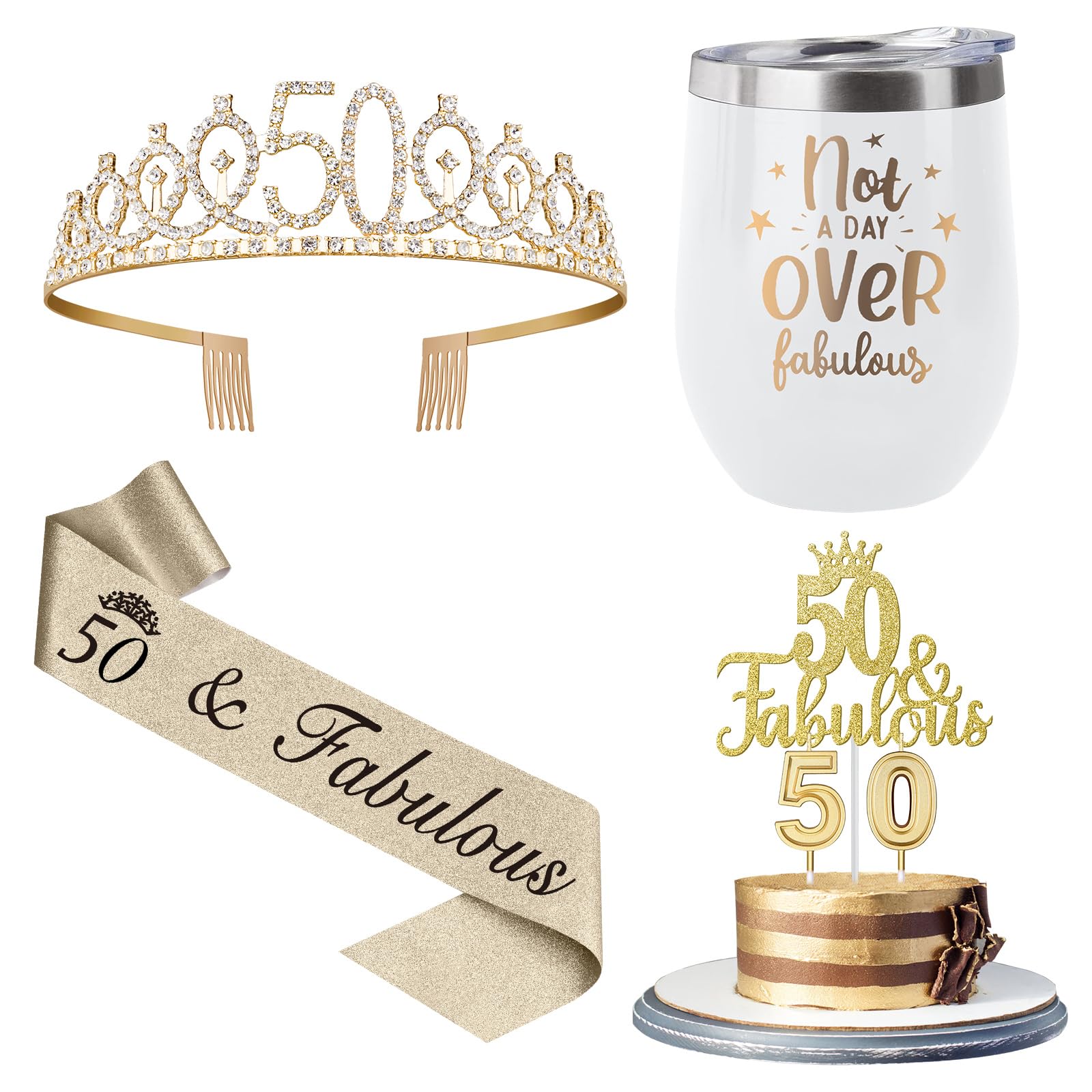 Juesly 50th Birthday Gifts Women Including 12oz Tumbler/Mug for Wine or Coffee, 50th Birthday Decorations Women Crown, Sash, Cake Topper and Candles, 50 Year Old Birthday Gifts Idea