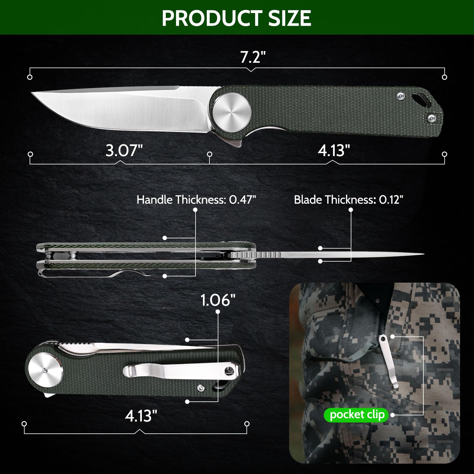 Pocket Knife with D2 Steel Blade, Folding Pocket Knife with Liner Lock, Pocket clip, EDC Knife for Survival, Outdoor and Camping, Gifts for Men