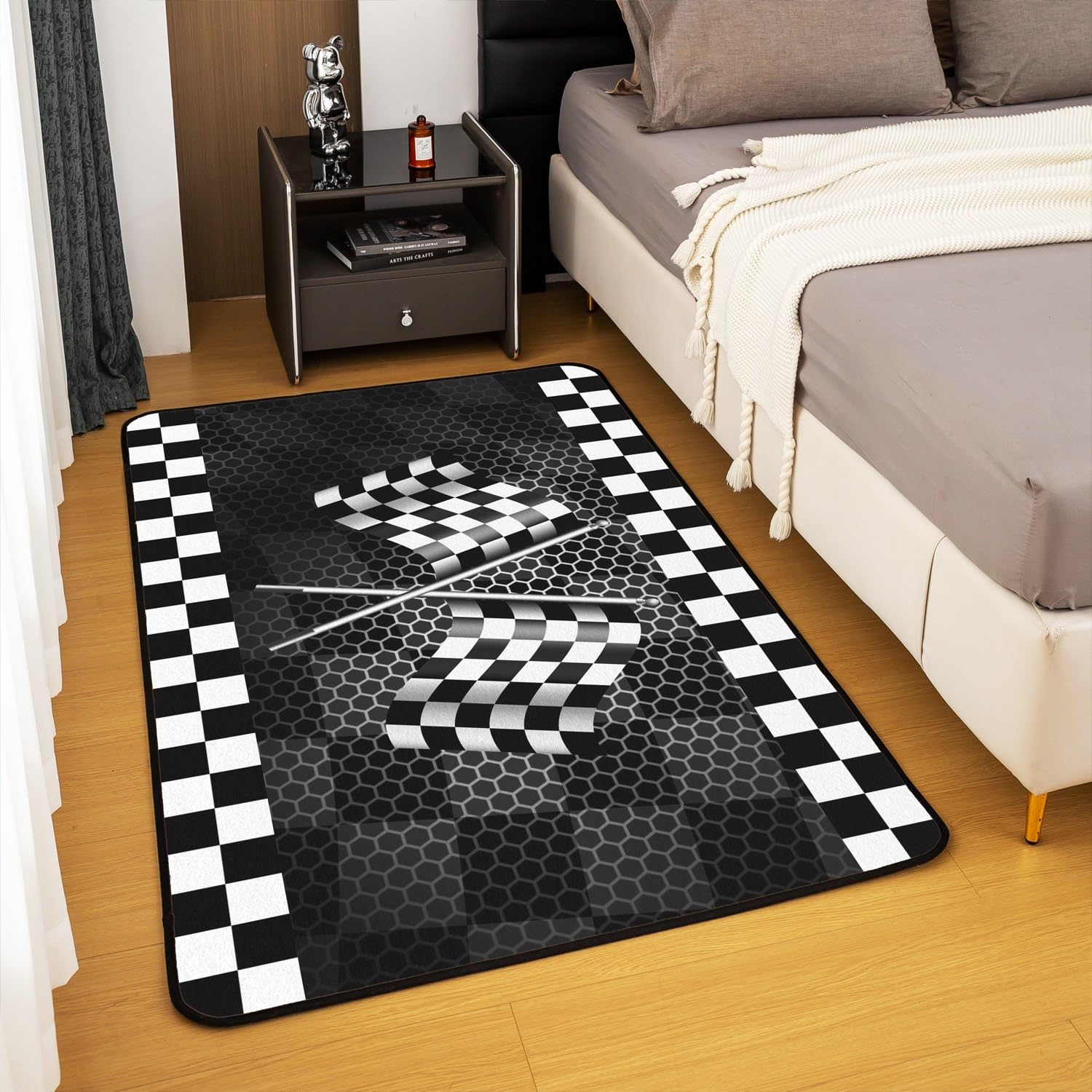 Black White Check Flag Print Area Rug 3'x5',Racing Car Extreme Sports Decor Non Shedding Rug for Kids Teen Adults,Geometry Square Honeycomb Decorative Carpet for Playroom Bedroom Dining Room