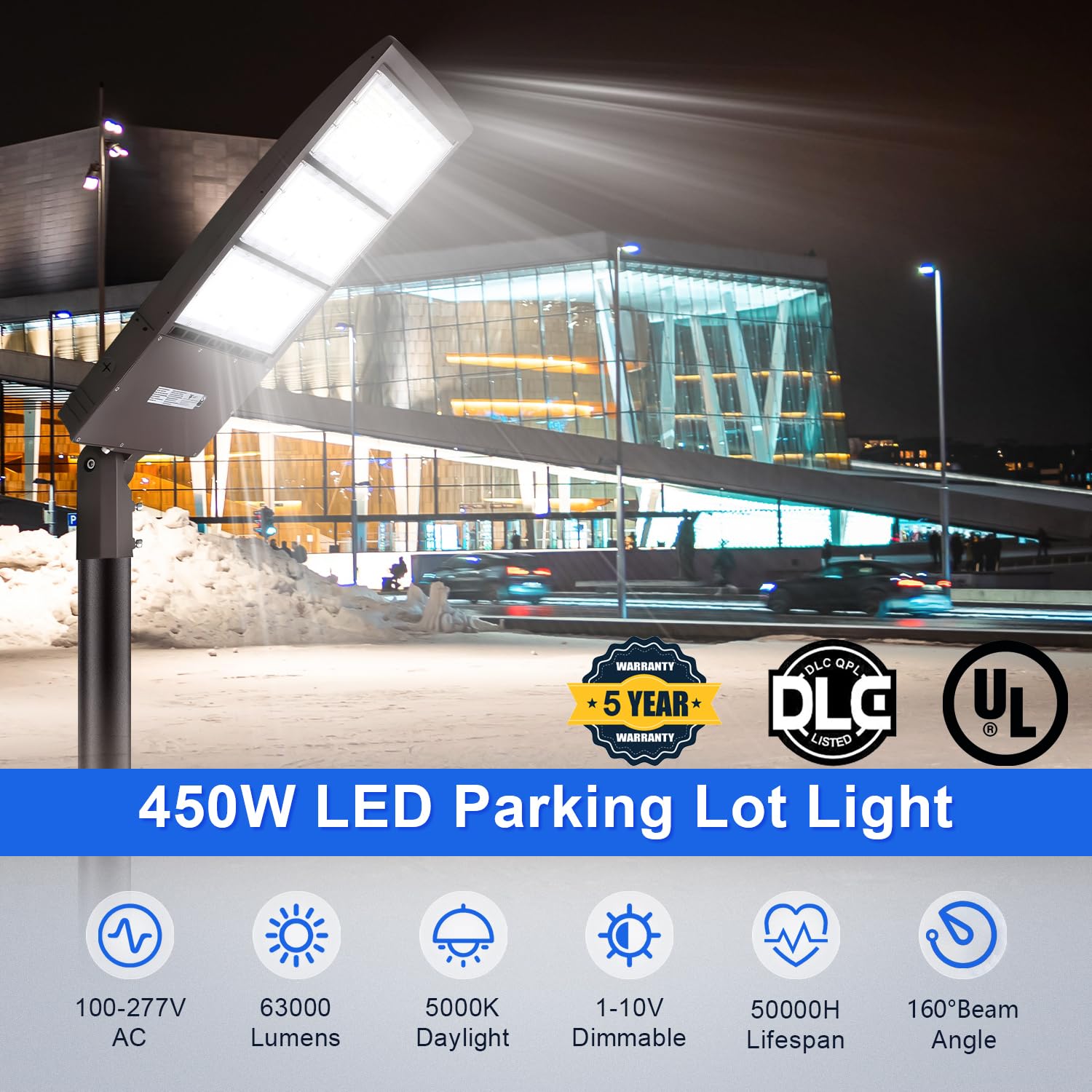 450W LED Parking Lot Lights,63000LM Commercial Outdoor Shoebox Light,5000K(140LM/W) Dimmable LED Street Area Light(1500W HID/HPS Equiv), Slip Fitter Mount,100-277V AC IP65 UL&DLC Listed