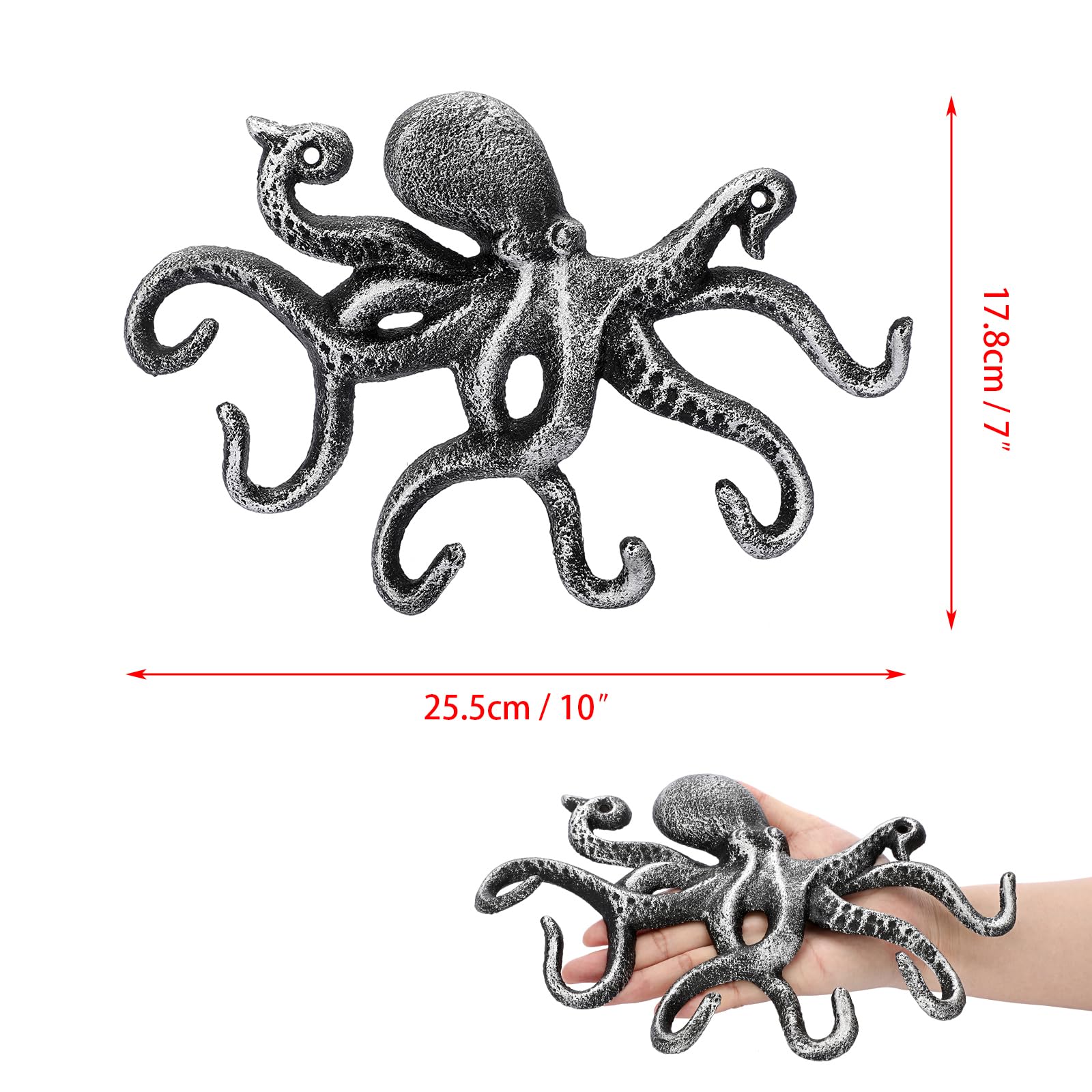 Sumnacon Cast Iron Coat Hook Octopus Towel Holder with 6 Hooks Decorative Towel Rack with Screws Octopus Key Holder Wall Nautical Wall Hook for Enterway Bathroom Retro Silver