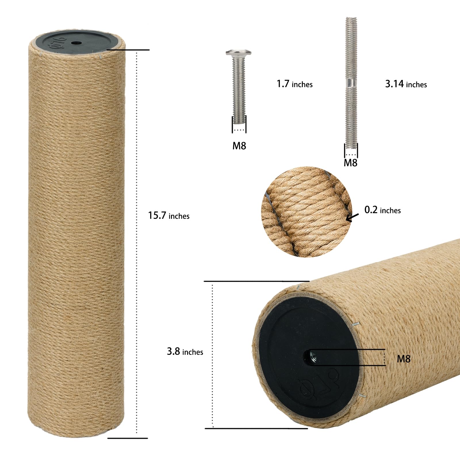 Cat Scratching Post Replacement - 15.7”x 3.8” Cat Tree Replacement Parts with M8 Screws, Cylinder Cat Tree Replacement Post Accessories for DIY Cat Tower Cat Hammock (Natural Jute, 4 Pack)