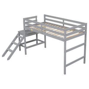 CITYLIGHT Twin Loft Bed with Platform and Ladder, Wood Low Loft Bed for Kids, Junior Loft Bed Twin with Spacious Underneath Space for Children Girls Boys Bedroom,No Box Spring Needed, Grey