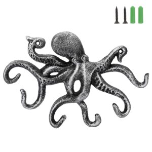 sumnacon cast iron coat hook octopus towel holder with 6 hooks decorative towel rack with screws octopus key holder wall nautical wall hook for enterway bathroom retro silver