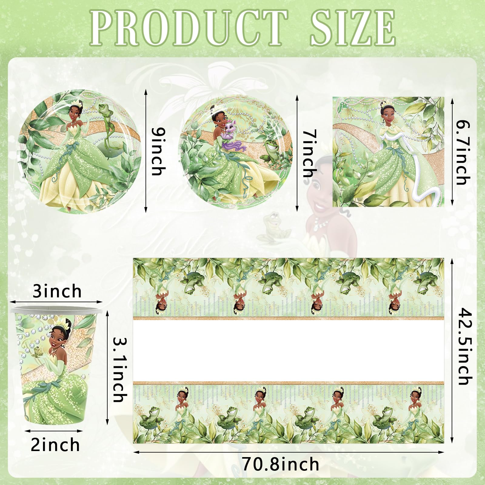 81 PCS Tiana Birthday Party Supplies, Princess Tiana Tableware Set Includes 40 PCS Plates, 20 PCS Napkins, 20 PCS Paper Cups, 1 PCS Tablecover for Boys Girls Birthday Party Baby Shower Decorations