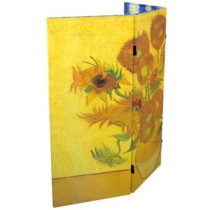 Red Lantern 3 ft. Short Double Sided Works of Van Gogh Canvas Starry Night/Sunflowers Folding Screen, 3 Foot, 3 Panel, Multicolor