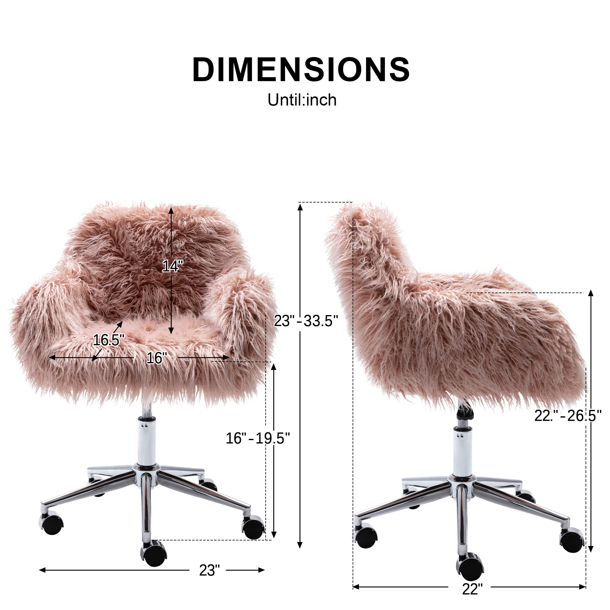 GOOLON Fluffy Desk Chair, Faux Fur Furry Home Office Chair, Fuzzy Swivel Armchair with Wheels, Height Adjustable Silver Base for Girls, Bedroom, Pink