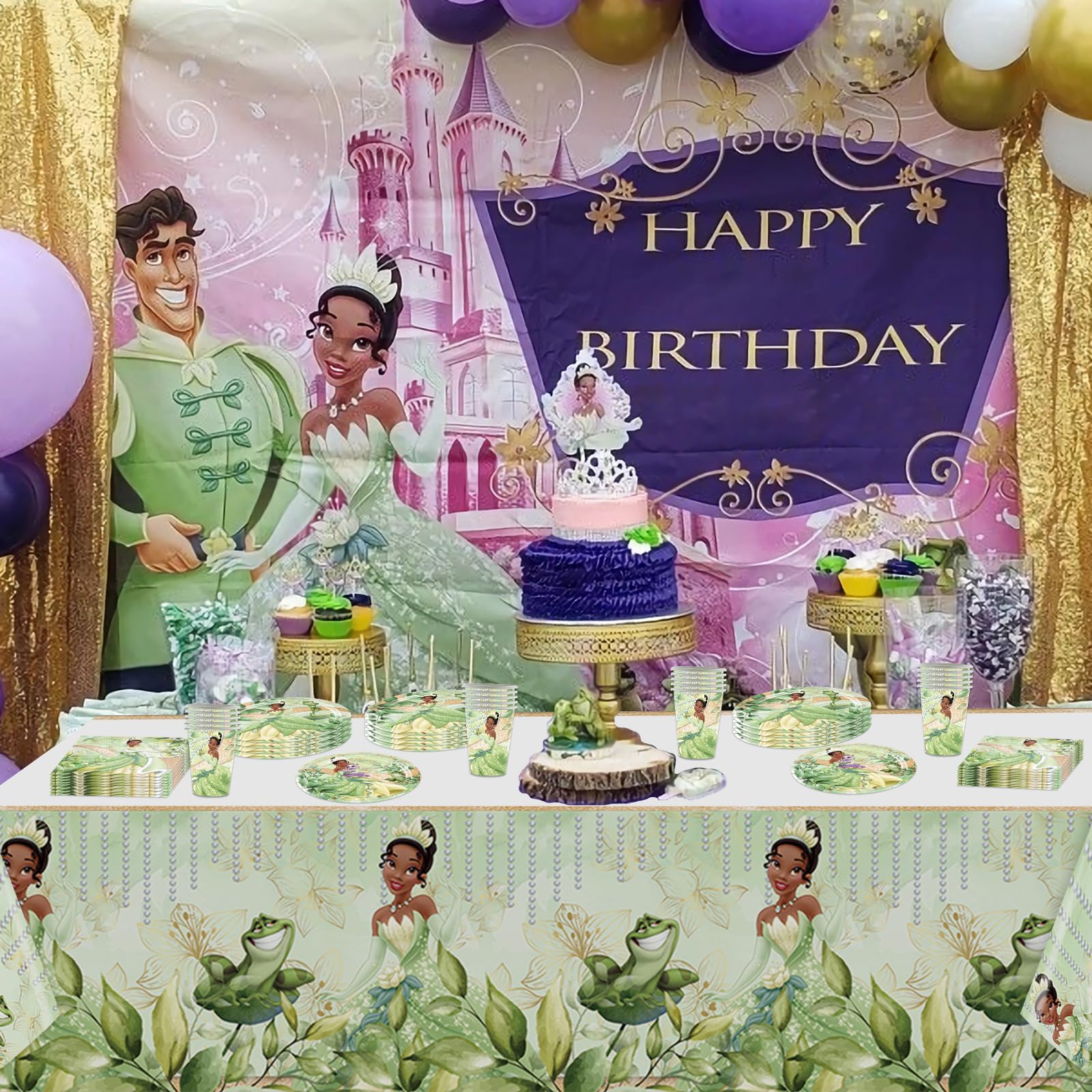 81 PCS Tiana Birthday Party Supplies, Princess Tiana Tableware Set Includes 40 PCS Plates, 20 PCS Napkins, 20 PCS Paper Cups, 1 PCS Tablecover for Boys Girls Birthday Party Baby Shower Decorations