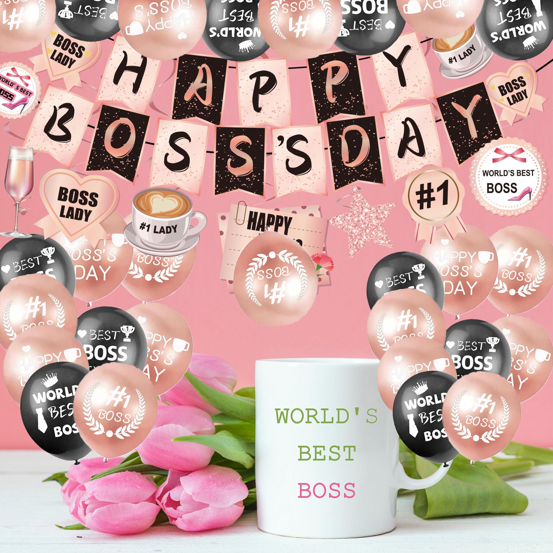 Happy Bos Day Decorations Women 40 PCS Bos Day Decorations For Office With Happy Bos's Day Banner Hanging Swirls Balloons Cake Topper Best Bos Ever Decorations Happy Bos Day Decor Rose Gold