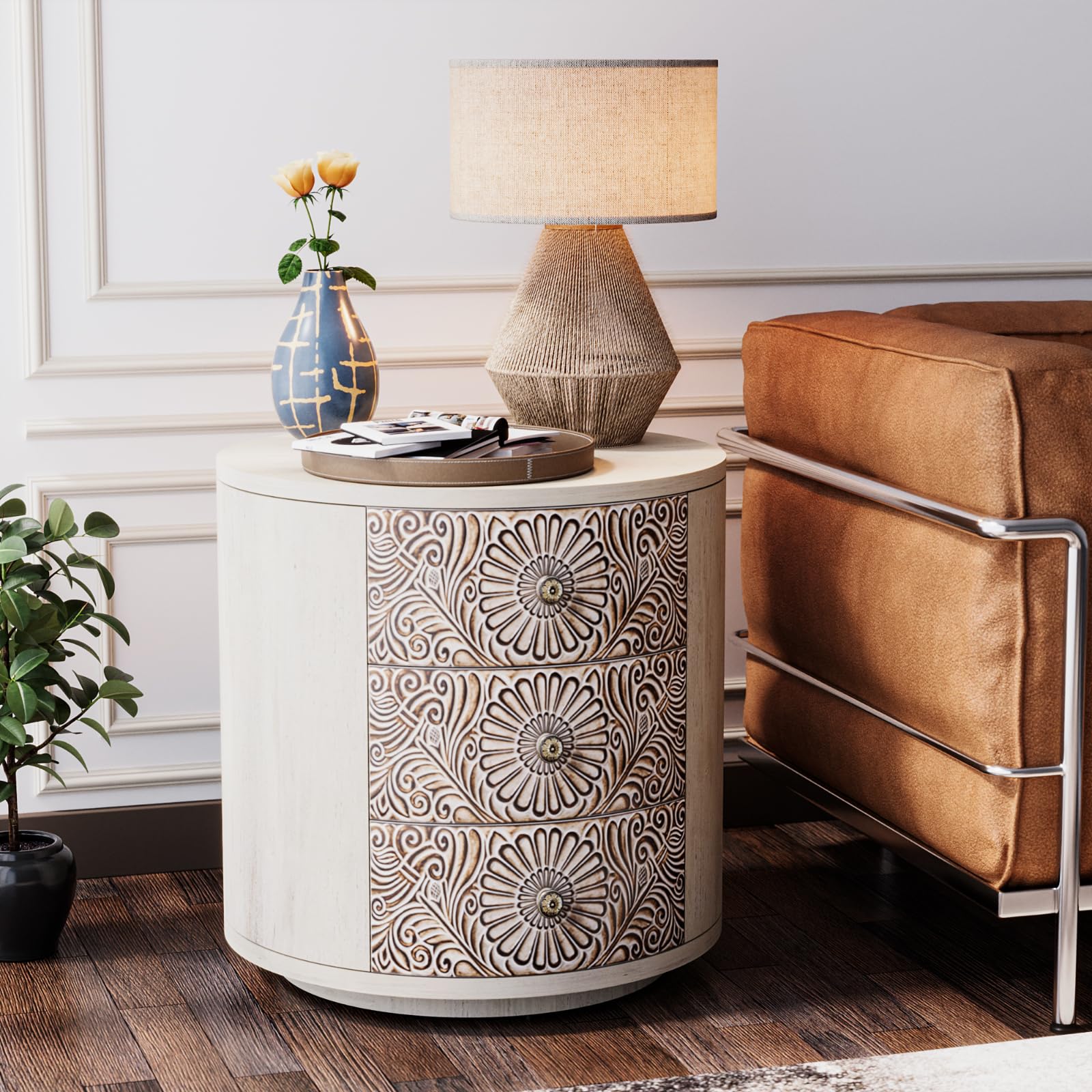 SUNBURY End Table Living Room Small Side Table w 3 Drawers, Vintage Bedside Table, Elegant Nightstand Small Dresser for Bedroom, Lightweight MDF Accent Table (Floral Texture)