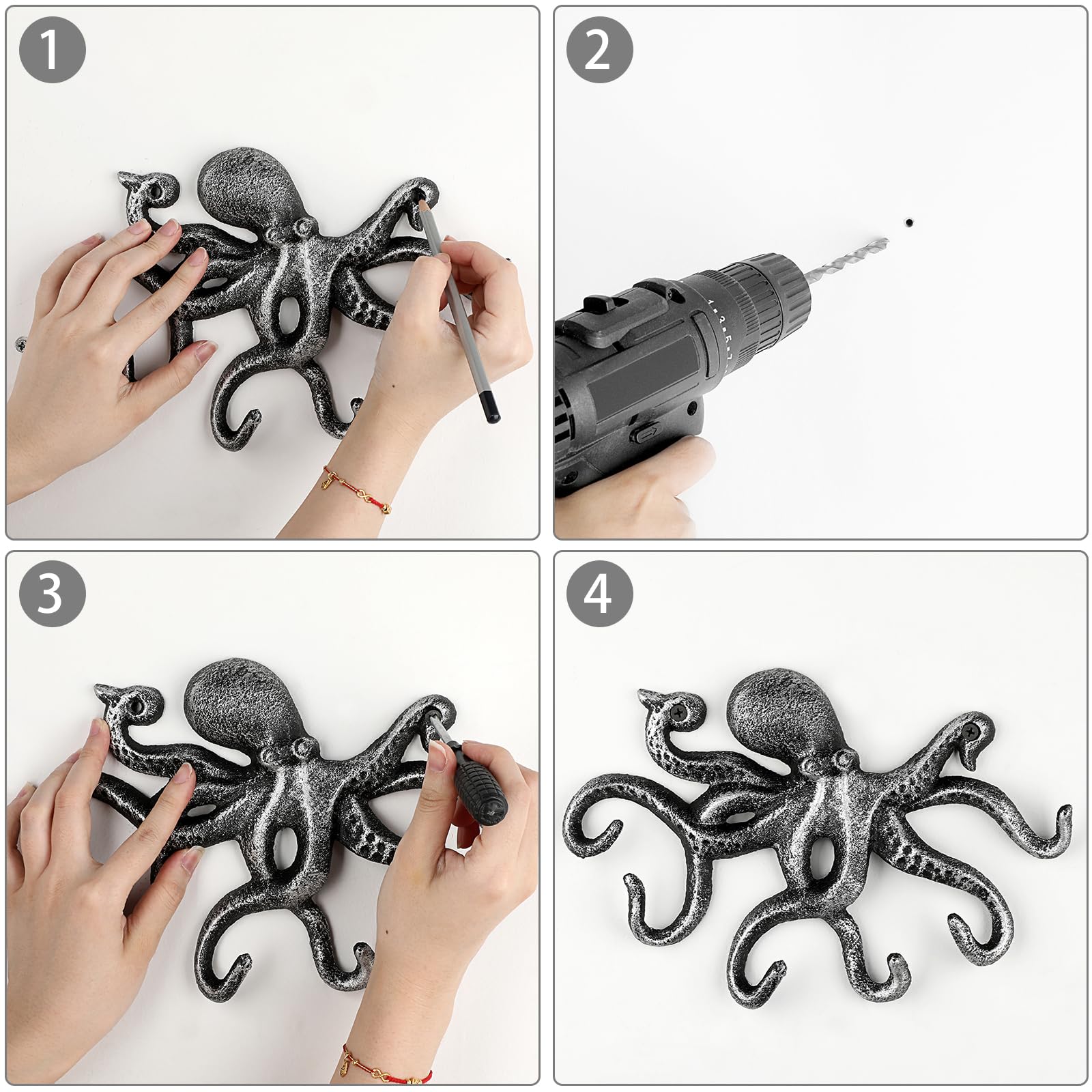 Sumnacon Cast Iron Coat Hook Octopus Towel Holder with 6 Hooks Decorative Towel Rack with Screws Octopus Key Holder Wall Nautical Wall Hook for Enterway Bathroom Retro Silver